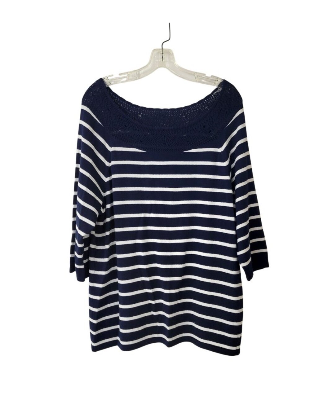 Chaps Navy and White Striped Pullover Sweater with Crocheted Neckline - Picture 1 of 5